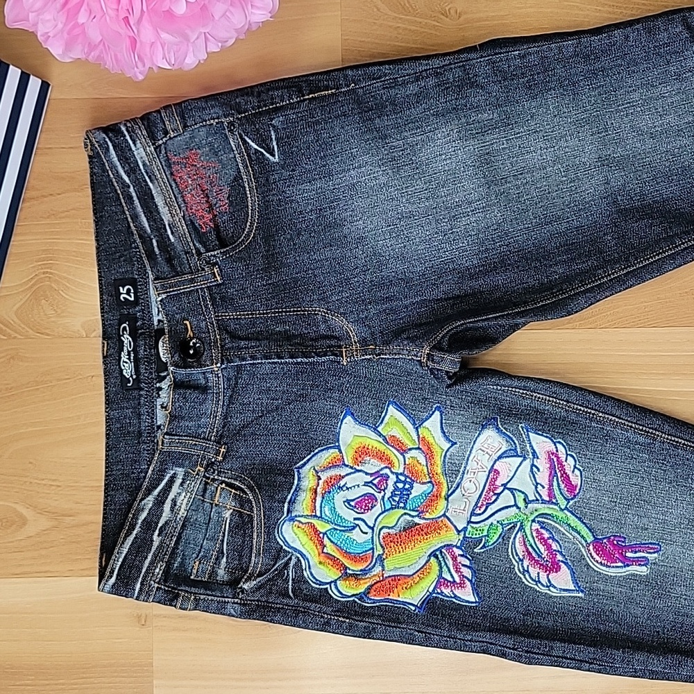 Ed Hardy by Christian Audigier Embroidered Tattoo Raw Hem Jeans